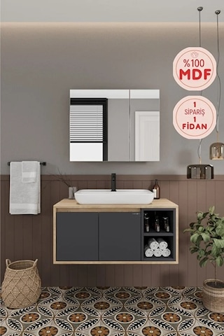 Lale 90 Cm %100 Mdf Lavabolu Banyo Dolabı + Aynalı Dolap Antrasit