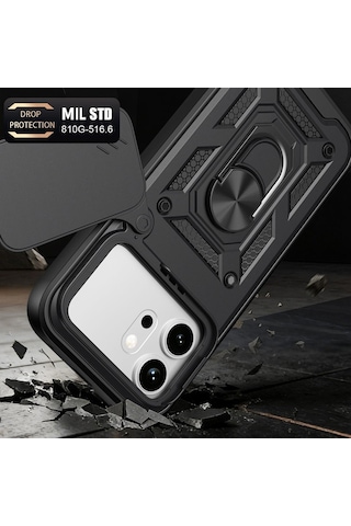 Teleplus Honor 600 5g Kılıf Magnetik Standlı Kamera Korumalı Slide Sürgülü Cover Kapak Siyah