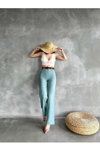 Tane Tasarım Kadın Yazlık Trend Beli Kemerli Keten Pantolon Yeşil Yeşil