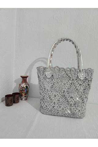 Fikriharika Design Lacebag, Metalik İp, Gümüş, Dantel, Işıltılı Kadın Omuz Çantası