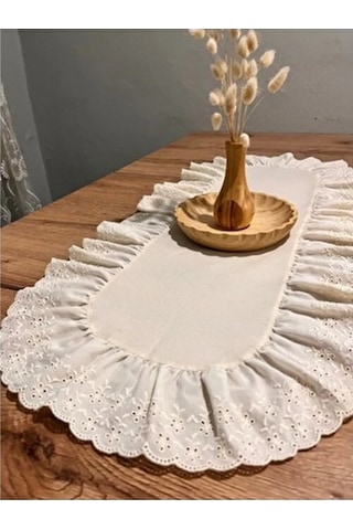 Oval Fırfırlı Naturel Ham Keten Fisto Runner Bej 35 x 65 CM