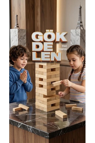 Ahşap Gökdelen Ahşap 54 Parçalı 4 Kişilik Eğitici Ve Zeka Aile Kule Denge Oyunu