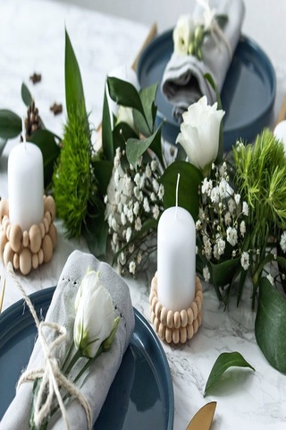 Dekoratif Ahşap Boncuklu Mumluk 2'li Set