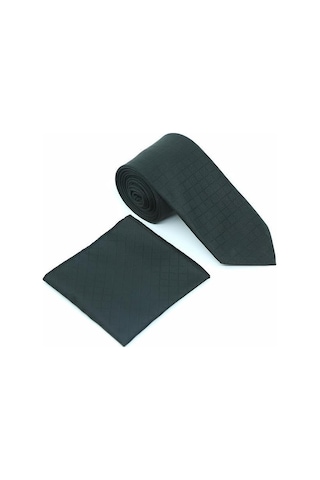 Brianze Siyah Kare Desen Kravat Mendil Set Siyah