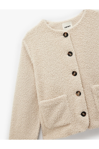 Koton Düğmeli Cepli Uzun Kollu Yuvarlak Yaka Crop Peluş Bomber Ceket Bej 6wak20260ew Ekru