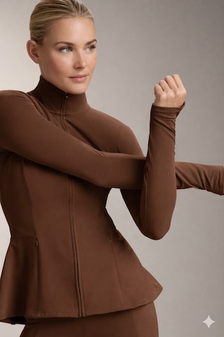 Gugus Kadın Light Warm Running Volanlı Fermuarlı Yüksek Yaka Spor Ceket Esnek Activewear Kahverengi
