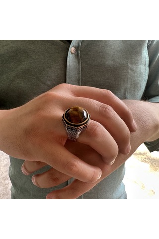 Takılingo 925 Ayar Gümüş Kahverengi Kaplangözü Taşlı Erkek Yüzük Gümüş