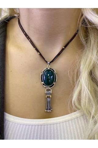 Yeşil Akik Taşlı Gümüş Kolye 925 Ayar 512655437