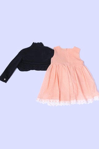 Kız Çocuk Kot Ceketli Elbise Fırfırlı Dantelli Taş İşlemeli F19 Yavruağzı