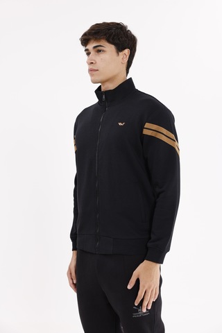 Rowinger Dik Yaka Çift Şerit Kollu Tam Fermuarlı Sweatshirt Black