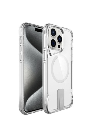 Apple Uyumlu iPhone 15 Pro Kılıf M-safe Şarj Özellikli Zore T-max Standlı Kapak Renksiz