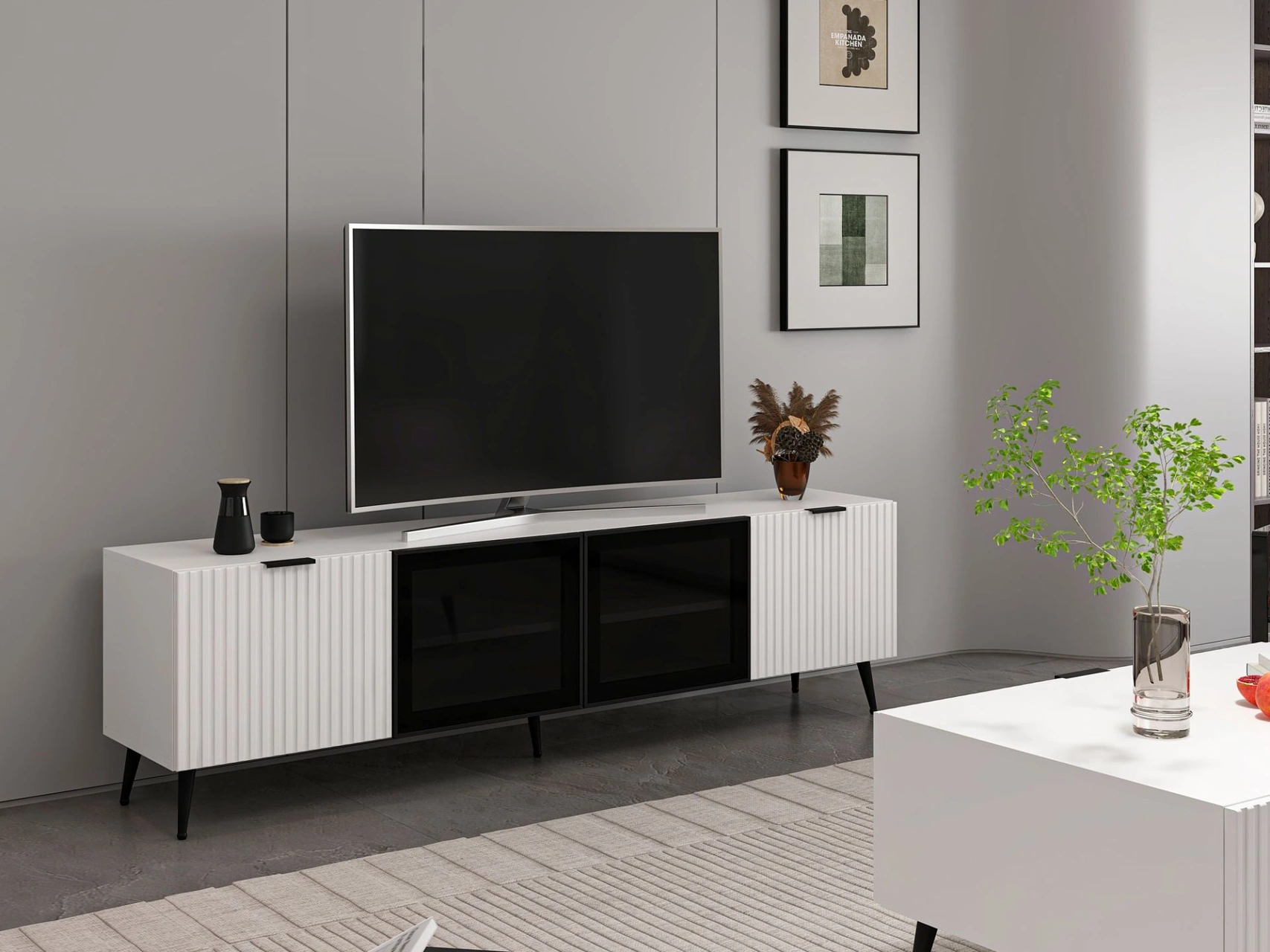 Plus Tv Ünitesi Cam Kapak Beyaz/beyaz Beyaz