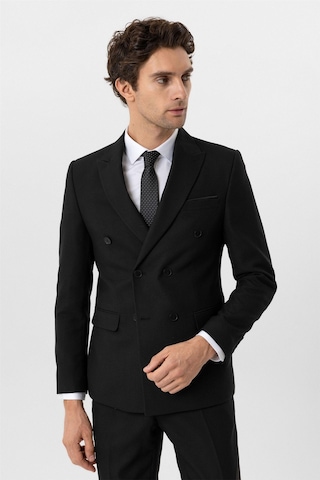 Süvari Siyah Slim Fit Armürlü Sivri Yaka 6 Drop Klasik Takım Elbise-35522 Siyah