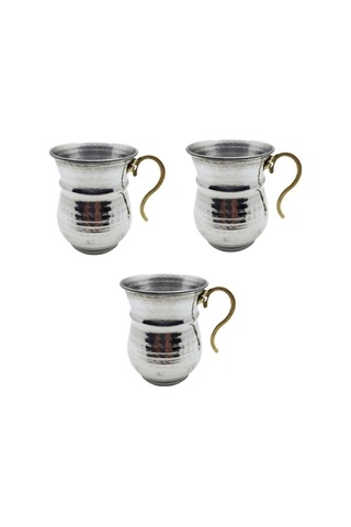 3 Adet Krom Kulplu Ayran Bardağı %100 Paslanmaz Boy:10cm Çap:8cm Gümüş