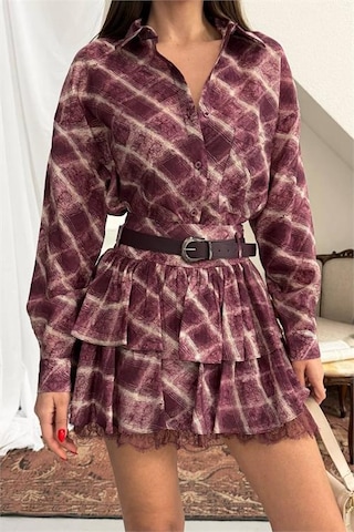 Neşeli Butik Kadın Bordo Gömlek Yaka Kat Kat Ekose Desen Mini Elbise Nbnp025 Bordo