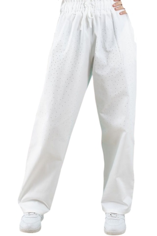 Kız Çocuk Taş Detaylı Beli Lastikli Ekru Renk Oversize Pantolon