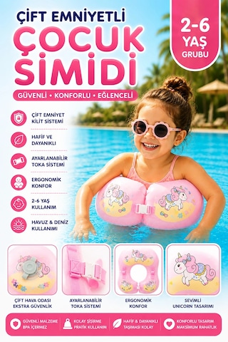 Toyflyer Unicorn Çocuk Yüzme Simidi Çift Tokalı Ayarlanabilir Pembe 2-6 Yaş Ar008