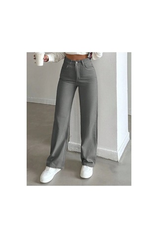 Kene Jeans Yüksek Bel Gri Keten Bol Paça Tam Kalıp Pantolon Gri