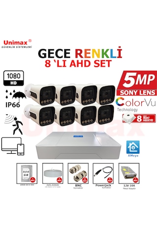 Unımax 5mp Sony Lens 8 Kameralı Güvenlik Seti 100m Kablo 30m Gece Görüş Xmeye Warmled