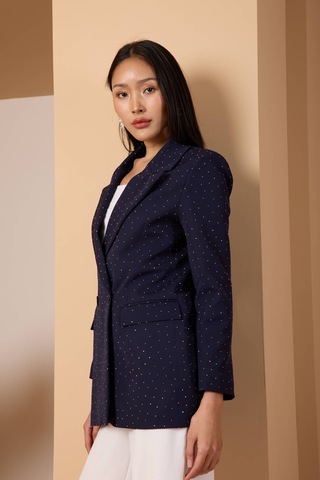 Lacivert Regular Dokuma Astarlı Taş Detaylı Blazer Ceket Lacivert