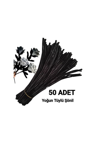 50 Adet Siyah Şönil, Çiçek Yapımına Uygun Tüylü Tel, 30 Cm 6 Mm
