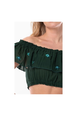 Eliş Şile Bezi Lavinya Vual Lastik Detaylı Nakışlı Yazlık Crop Bluz Yeşil Ysl-yeşil Yeşil