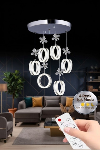 Lumia Lighting Damla Model 4'lü Gold Kumandalı 3 Renk Modu Ledli Kristal Taşlı Modern Salon Mutfak Oturma Odası Led Avize Gümüş