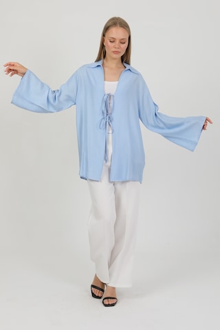 Doğal Viskon Kumaş Cepli Bağcıklı Kadın Kimono 1167 Hafif, Dökümlü, Akışkan, Yazlık Model Mavi