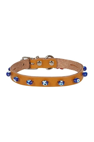 Cattie Boncuklu Deri Kedi Boyun Tasması L 1.2x25-29CM Camel