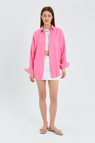 Mixray - 3833 Kadın Oversize Cepli Müslin Gömlek Pembe
