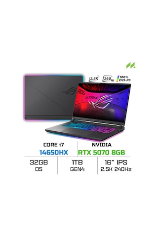 Asus Rog Strix G16 G615JPR-RV300 i7-14650HX 32 GB 1 TB SSD RTX5070ti 16" Free Dos Dizüstü Bilgisayar