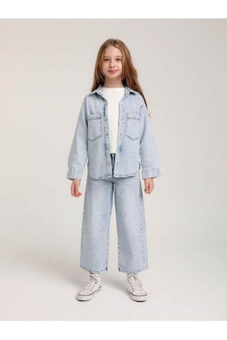 Kız Çocuk Taşlı Tasarım Kot Ceket-15581 Mavi