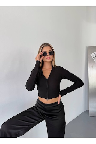 Kechi Woman Ottoman Kumaş Polo Yaka Fermuarlı Crop Siyah