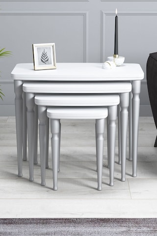 Imaj Mdf Ve Lake Boya, Beyaz 4lü Zigon Sehpa Takımı, Gümüş Gürgen Ayaklar Sehpalar Beyaz Ayaklar Gümüş