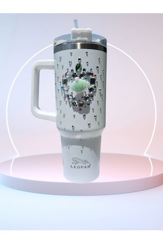 Pipetli 1,2 Litre Kulplu Çelik Termos Renkli Üzeri Taş İşlemeli - Beyaz Beyaz