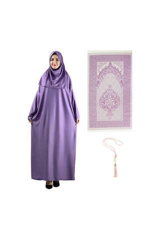Namaz Elbisesi Eşarp Seccade Tesbih Set, İslami Giyim Takım Ferace Turban Şal Lila