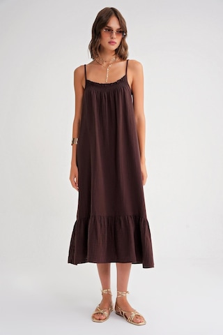 4740 Kadın Askılı Müslin Midi Elbise Kahve Kahve