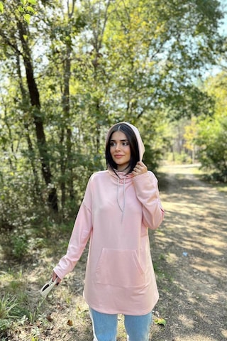 WeShaya Kadın Pudra Uzun Kol, Yakası Bağcıklı, Kapüşonlu, Kanguru Cep, Salaş, Uzun Tunik Sweatshirt Pudra