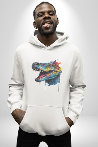Timsah Renkli Kafası Kadın Erkek Beyaz Kapüşonlu Sweatshirt Hoodie Beyaz