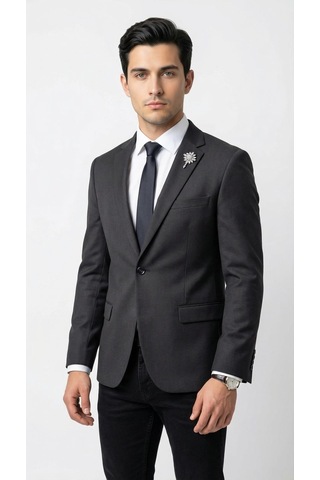 Plus Scorpion Erkek Blazer Ceket Twill Dokuma Likralı Notch Yaka 1 Düğmeli Çift Yırtmaçlı Slim Fit Siyah