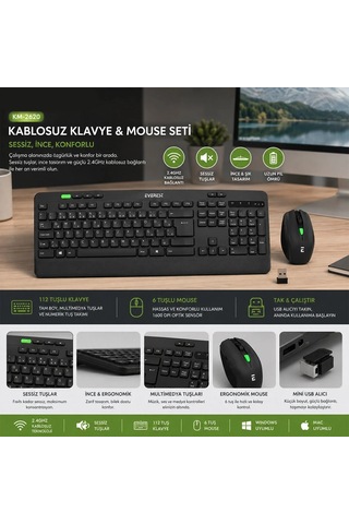 Kablosuz Klavye - Mouse Seti Siyah Usb - Sessiz - Switch Q Klavye Km-2620 5468