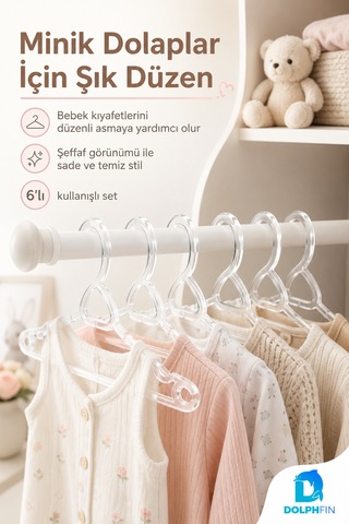 Kristal Bebe Askısı 6 Lı Bebek Çocuk Kıyafet Askısı Şeffaf Plastik Dolap Düzenleyici Askı Beyaz