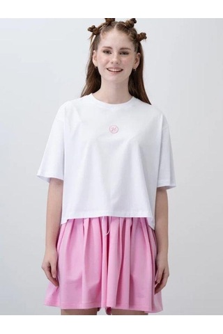 Zekids Kız Çocuk Pileli Şort T-shirt Tasarım Takım-15778 Beyaz