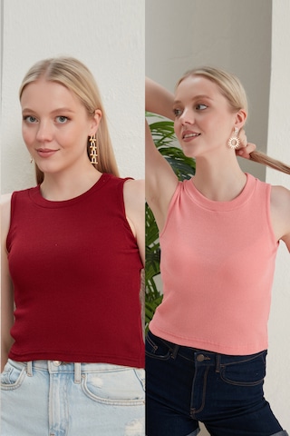 Catspy Kadın Halter Yaka 2'li Crop Bluz Atlet Bordo - Pudra