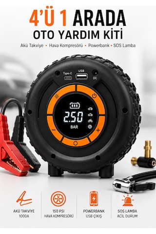 Akü Takviye Cihazı 1000a Jump Starter 150 Psı Lastik Şişirme Kompresörü Powerbank Led Fener