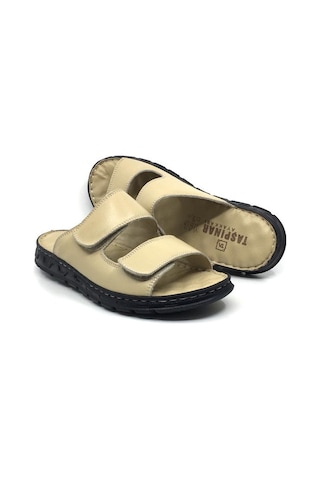 Taşpınar 204 %100 Hakiki Deri Ortopedik Erkek Yazlık Rahat Terlik Ayarlanabilir Cırtlı Bej