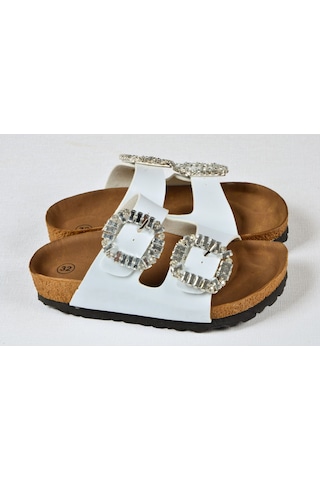 Kız Çocuk Mantar Tabanlı Çift Tokalı Ortopedik Birkeen Arizona Taşlı Terlik Beyaz