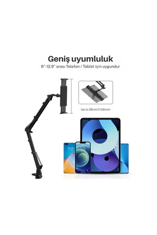 Shopytech Metal 360 Uzun Kol Tablet/telefon Standı Kelepçeli Masa/yatak Başlığı Tutucu 6 -12.9 Uyum 1 Adet