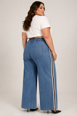 Zanessi Fashıon Büyük Beden Denim Spor Şerit Detaylı Bol Paça Kadın Pantolon Mavi