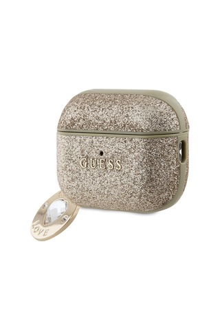 Apple Uyumlu AirPods Pro 2 Kılıf Guess Lisanslı Glitter Elmas Kalp Süs Zincirli Gold